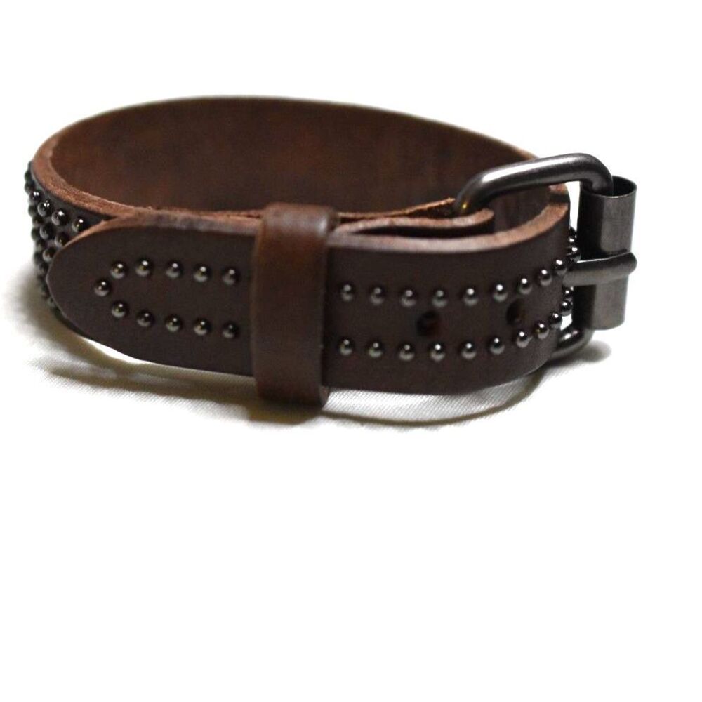 NWOT Brown Leather Cuff Metallic Studs Metal Buckle Closure 6.5-8" Bracelet